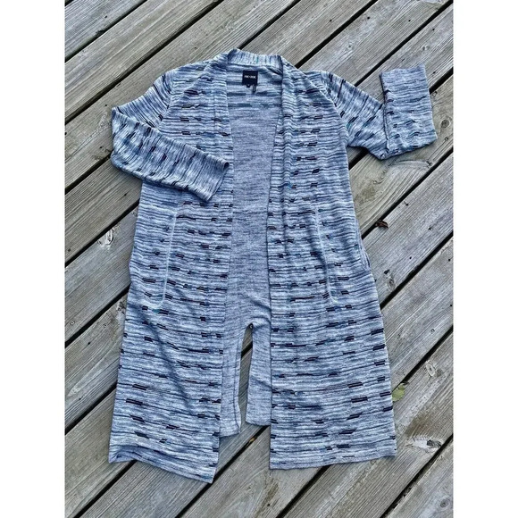 Nic + Zoe Medium Gray Blue Open Front Duster Cardigan Sweater Boho Women Geo - Picture 2 of 13
